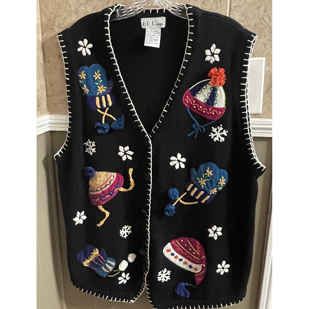 B P Design Winter Hats Themed‎ Sweater Vest Women's Size XL Black